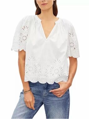 Velvet by Graham & Spencer White Eyelet Split-Neck Blouse
